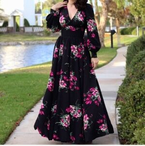 Trashy Diva Dress floral long sleeve maxi womens Black Pink size 14 READ